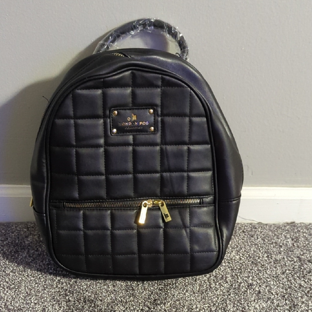 London Fog Black Quilted Mini Backpack with Gold Accents